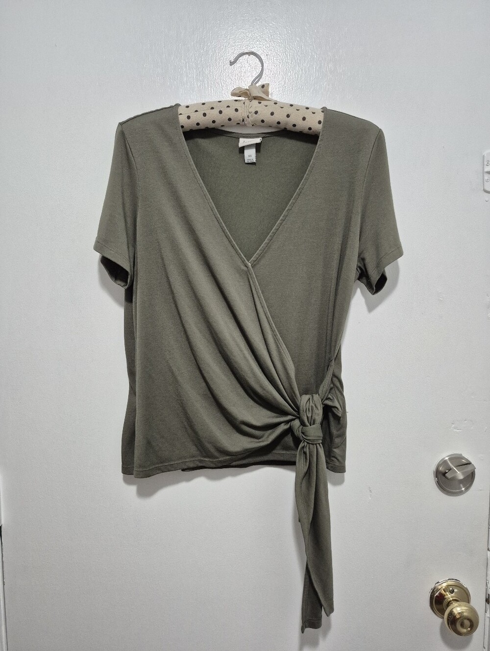 A New Day Olive Green Faux-Wrap Top with Side-tie SIZE Extra Small,b Fits Bigger